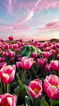 Dinosaure et ours en peluche dans un champ de tulipes roses