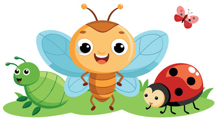 Obraz premium Cartoon bugs. Baby insect, funny happy bug and cute ladybug