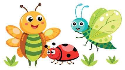 Cartoon bugs. Baby insect, funny happy bug and cute ladybug