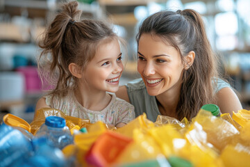 A mother and her daughter take part in a citywide campaign to collect plastic bottles, garbage and recycle waste, spend time together and care for the environment.