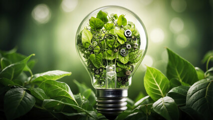 A light bulb made of green leaves and gears. Green clean energy concept.