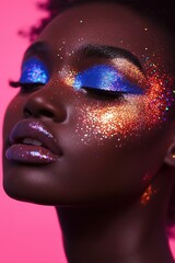 Close-up portrait of a Black woman with vibrant blue glitter makeup on her eyes and shimmering highlights, against a pink background.