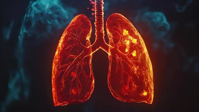3D Render of Human Lungs in Red Yellow Tones with Blood Flow on Dark Background