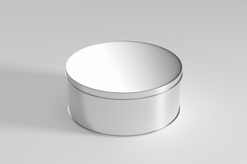 Round aluminum metal tin box on white background.