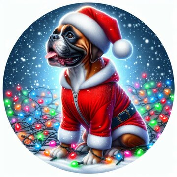 recommend clip art: Boxer Dog wear Santa Hat surround by christmas lights. Cute New year Clip Art Greeting Cartoon Character Round Sticker for decoration christmas theme