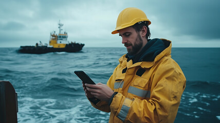A Sailor in a yellow jacket and beanie uses a smartphone while standing on a boat at sea, with a vessel in the background.
