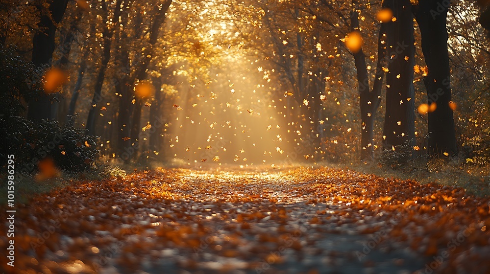 Poster sunbeams illuminate a path through an autumnal forest, with falling leaves creating a magical atmosp