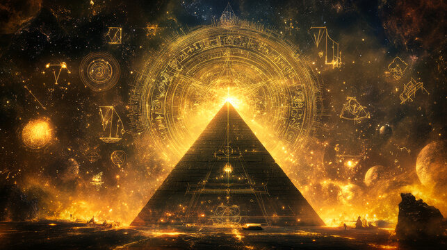 An esoteric pyramid under a starry night sky. Hermetic and ancient wisdom concept.