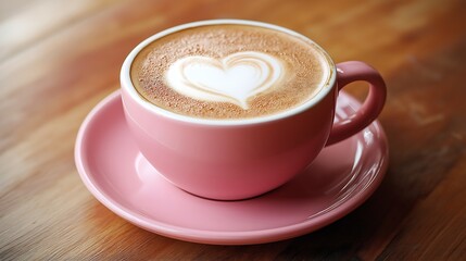 Fototapeta premium pink cup of cappuccino with white foam and heart-shaped latte art on top, placed on pink saucer