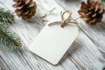 Fototapeta premium Blank Gift Tag With Pine Cones and Fir Branch on Whitewashed Wood