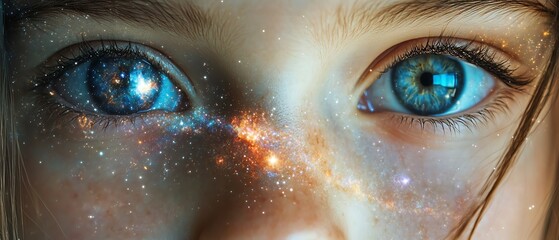 Portrait of a young girl with a contemplative expression, space and galaxies reflected in her eyes, conveying the concept of mental health and imagination