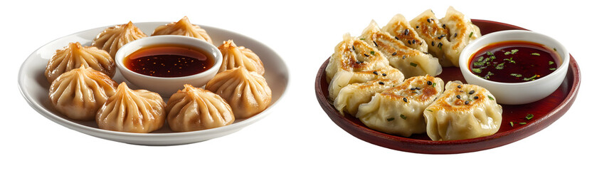 Korean mandu dumplings with dipping sauce, isolated on a transparent background