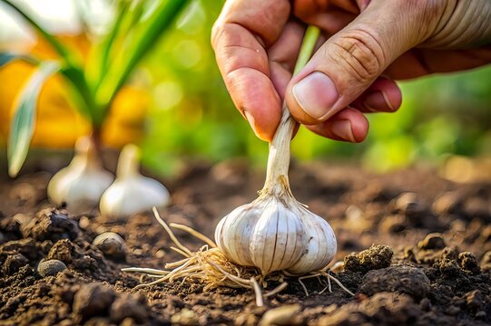 Hand harvest garlic bulb from the garden soil