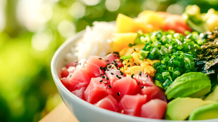Delicious poke bowl with fresh ingredients served outside