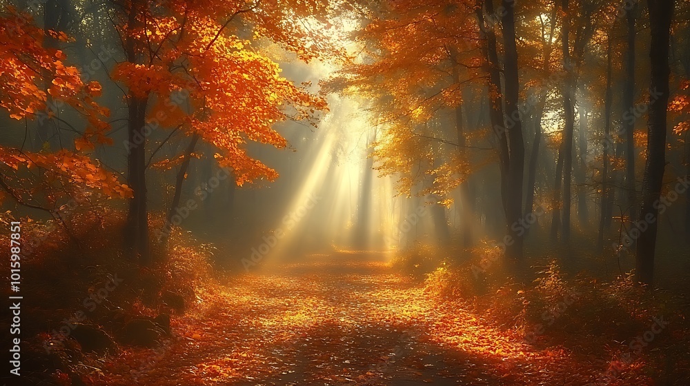 Poster sunbeams illuminate a path through a misty autumn forest with vibrant foliage.