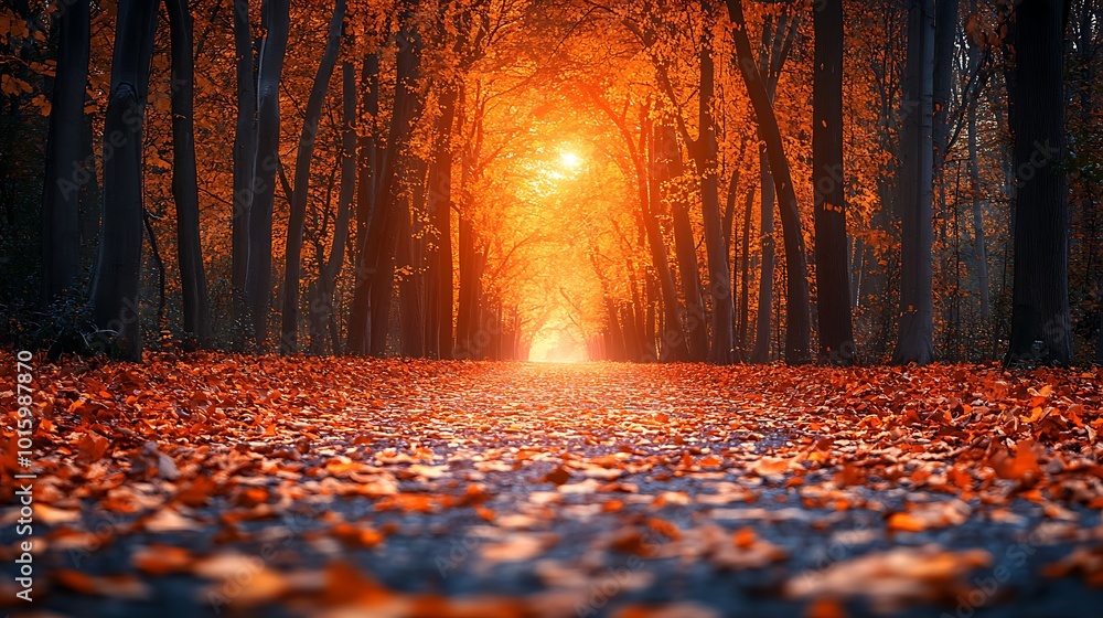 Poster a path through a forest of trees with autumn leaves and sunlight shining through.