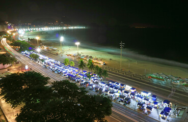 Impressive aerial view of Avenida Atlantica and Copacabana Beach at Night, Rio de Janeiro, Brazil,...