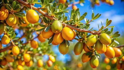 Ripe argan fruits hanging from an Argan tree in Morocco , Harvest, Organic, Agriculture, Tree, Nutrient-rich, Natural, Traditional