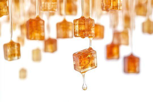 Glistening caramel cubes descending with dripping syrup
