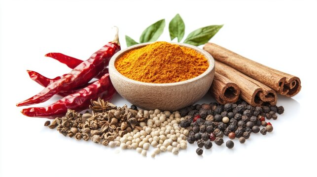 A carefully arranged composition of colorful spices including dried red chilies, black peppercorns, cumin seeds, and cinnamon sticks surrounding 
