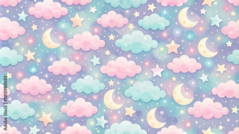 Wall mural Pastel night pattern featuring clouds, moon, and stars, pastel, night, pattern, clouds, moon, stars, sky, dreamy, magical