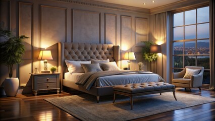 Elegant night photography highlights cozy bedroom furniture, embodying a serene ambiance that fosters relaxation, tranquility, and a perfect haven