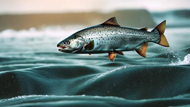 Huge salmon fish in flight over the water. A large trout jumps out of the river.