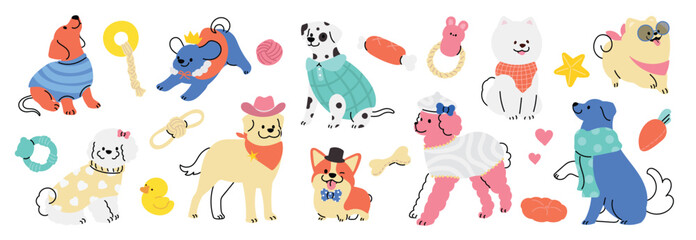 Cute dogs doodle vector set. Cartoon dog or puppy characters design collection with flat color in different poses, toy, ball, pillow, bone. Set of funny pet animals isolated on white background. © TWINS DESIGN STUDIO