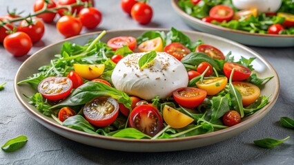 Fresh burrata cheese salad with arugula and tomatoes , gourmet, healthy, organic, delicious, appetizer