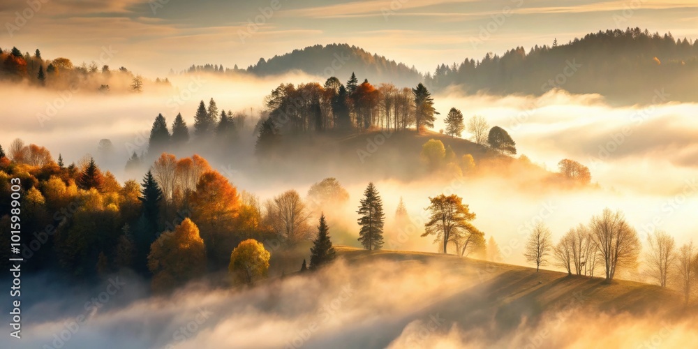 Canvas Prints Shadow and silhouette of trees in dense morning mist on mountain. Autumn scene, foggy, nature, landscape, autumn, shadows