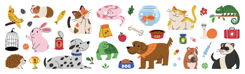 Cute pet doodle vector set. Cartoon animals characters design collection with dog, cat, bird, fish, rabbit, rat, turtle in different poses. Set of funny pet animals isolated on white background.