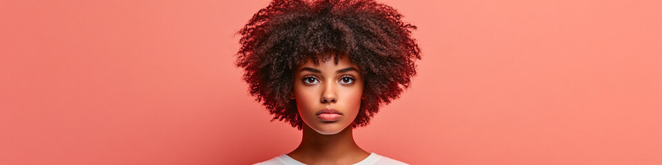 Fototapeta premium portrait of a young woman with curly hair on a pink background