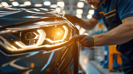 A Mechanic Inspecting the Headlight of a New Car