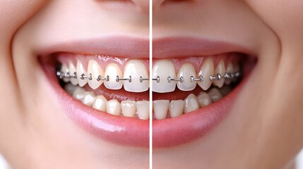 Obraz premium Braces transformation journey, detailed view of teeth before braces installation and after removal, highlighting tooth alignment progress, Digital Render, Medical Precision