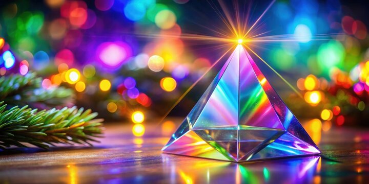 Prism crystal light hologram creating a rainbow of purple, blue, and green rays and glows on a blurry Christmas background, prism