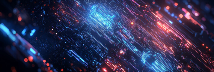Fototapeta premium Intricate network of glowing blue circuits and wires, set against a dark, futuristic background.
