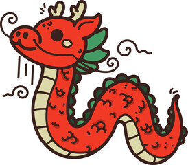 A cute red Chinese dragon in hand-drawn cartoon style. This vector illustration is isolated and easy to use for your designs.