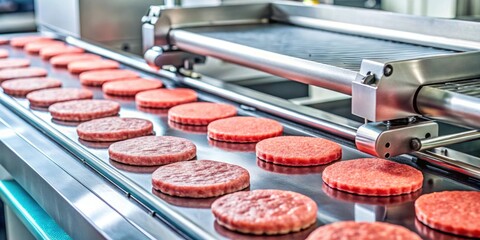 Lab-grown artificial meat steaks being produced by a printing machine, lab-grown, artificial meat