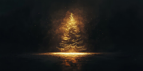 A minimal outline of a Christmas tree with subtle golden lights on black background.