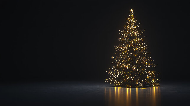 A minimal outline of a Christmas tree with subtle golden lights on black background.