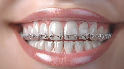 Fototapeta premium Orthodontic treatment progress, showcasing bite correction and improved dental symmetry, split-screen view, Digital Illustration, Soft Lighting, Neutral Background