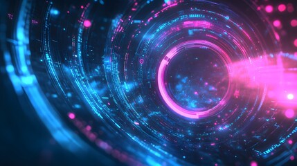 Obraz premium Dark retro futuristic cyberpunk elements abstraction background cosmos synthwave vaporwave retrowave glitch circle with blue and pink glows. 