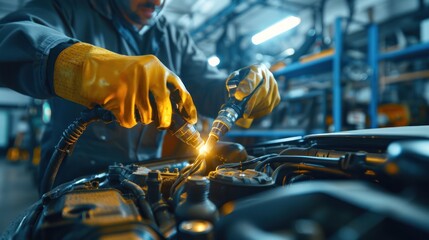 Mechanic Using a Welding Torch on a Car Engine
