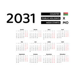 Calendar 2031 French language with Vanuatu public holidays. Week starts from Monday. Graphic design vector illustration.