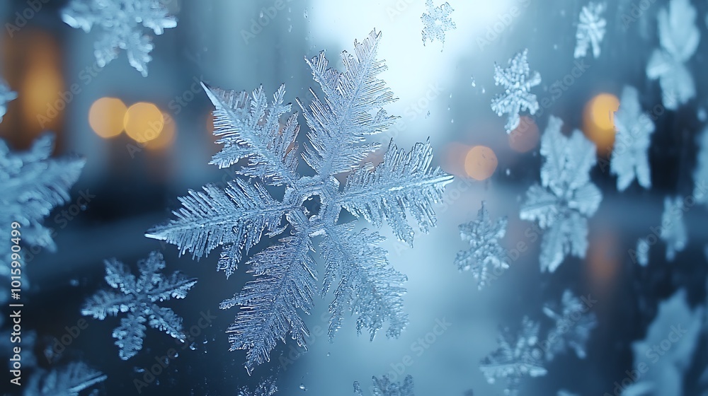 Poster a close-up of a delicate snowflake clinging to a window pane.