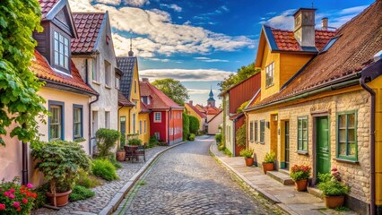 Obraz premium Narrow cobblestone street lined with colorful buildings in Visby's historical old town , Visby, Sweden, architecture