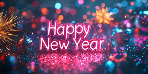 A glowing neon sign that reads Happy New Year with sparkles and fireworks in the background.