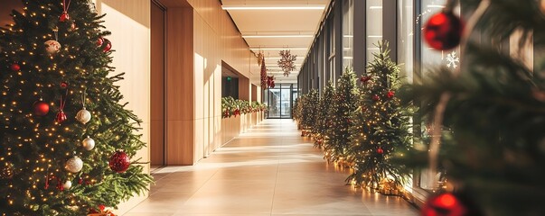 Festively Decorated Corporate Office Hallway with Christmas Decor and Garlands