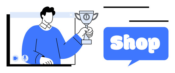 Shop concept. Man holding trophy reflecting online shopping success. Ideal for e-commerce, online stores, digital marketing, virtual achievements, and customer rewards. Blue, black, and white color