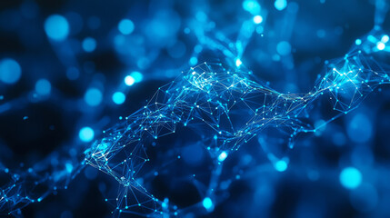 A low-poly, glowing blue background with intricate, swirling patterns, representing the building blocks of futuristic biotechnology.